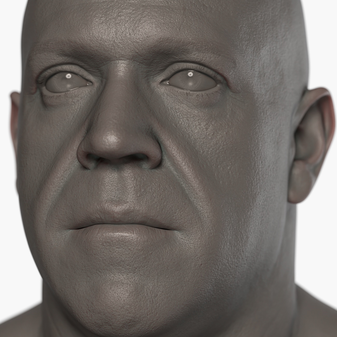 Clay render of a large muscular male head 3D scan showing surface pore and skin detail captured by photogrammetry